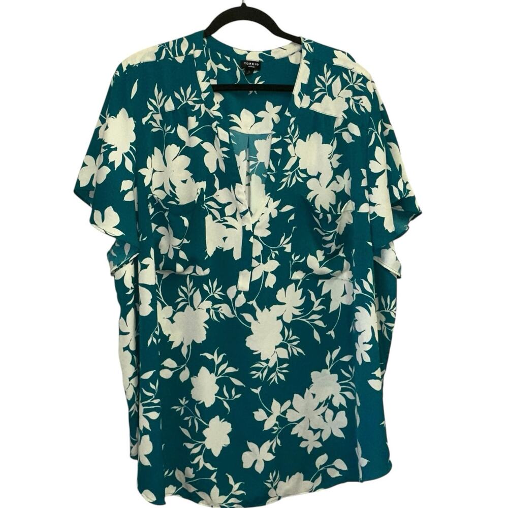 Torrid Harper Blouse Size‎ 5 Teal White Floral Tunic Plus Size